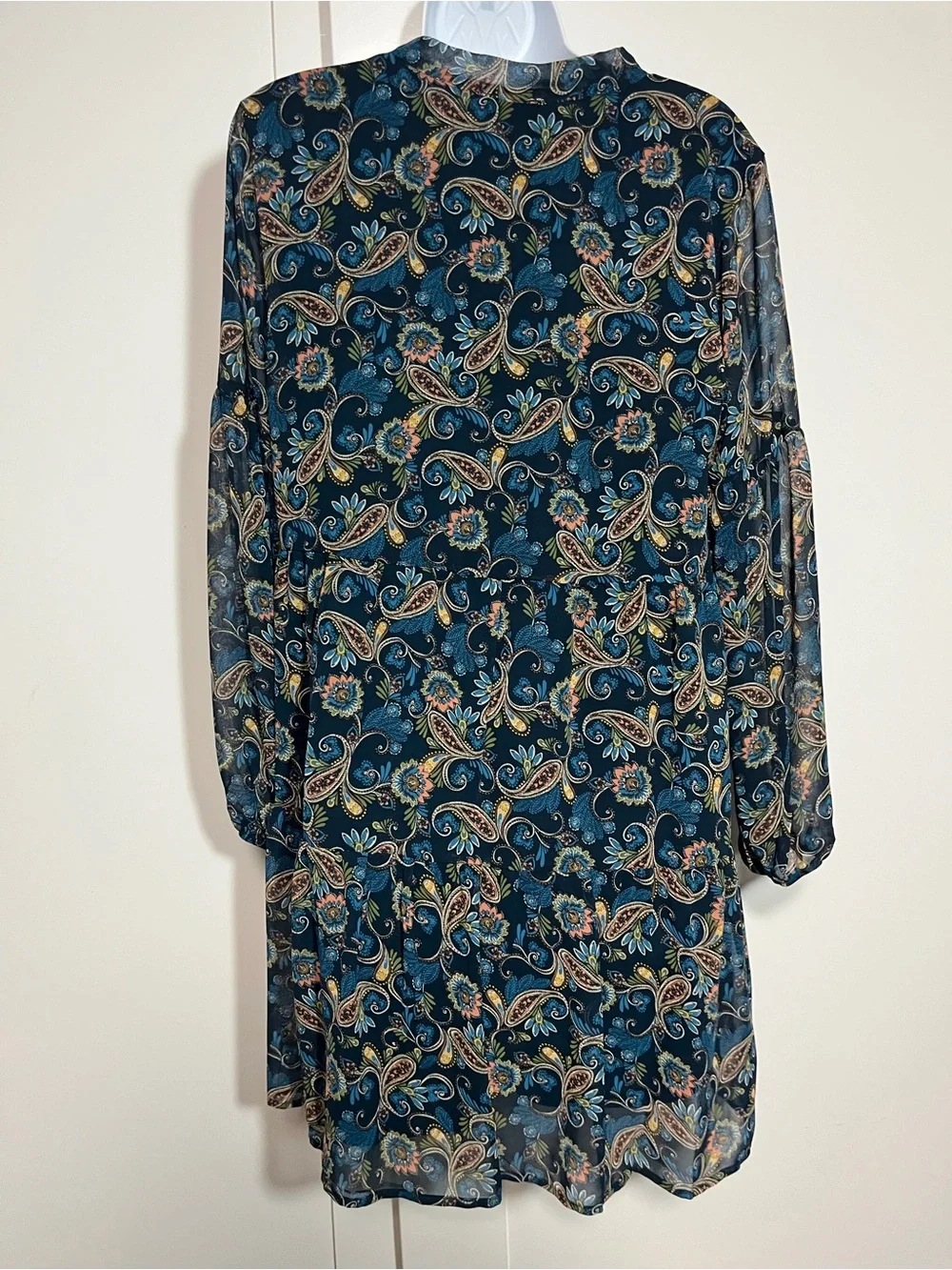 Etherial Gauzy Lightweight Dress Teal Paisley Size Small Faerie Cottage Neck Tie